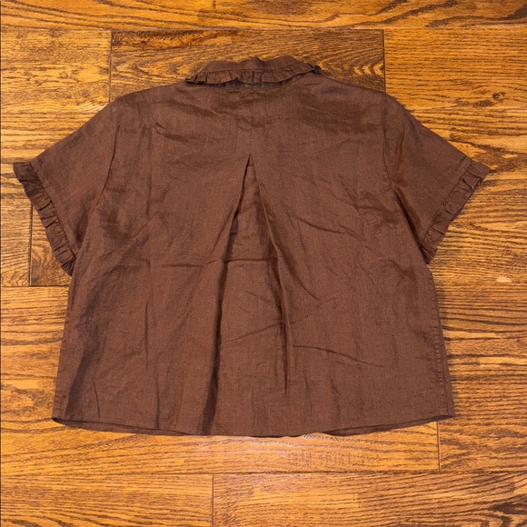 J. Crew Ruffle-trim Button-Up Shirt in Linen Roasted Cocoa XSmall - Picture 3 of 6